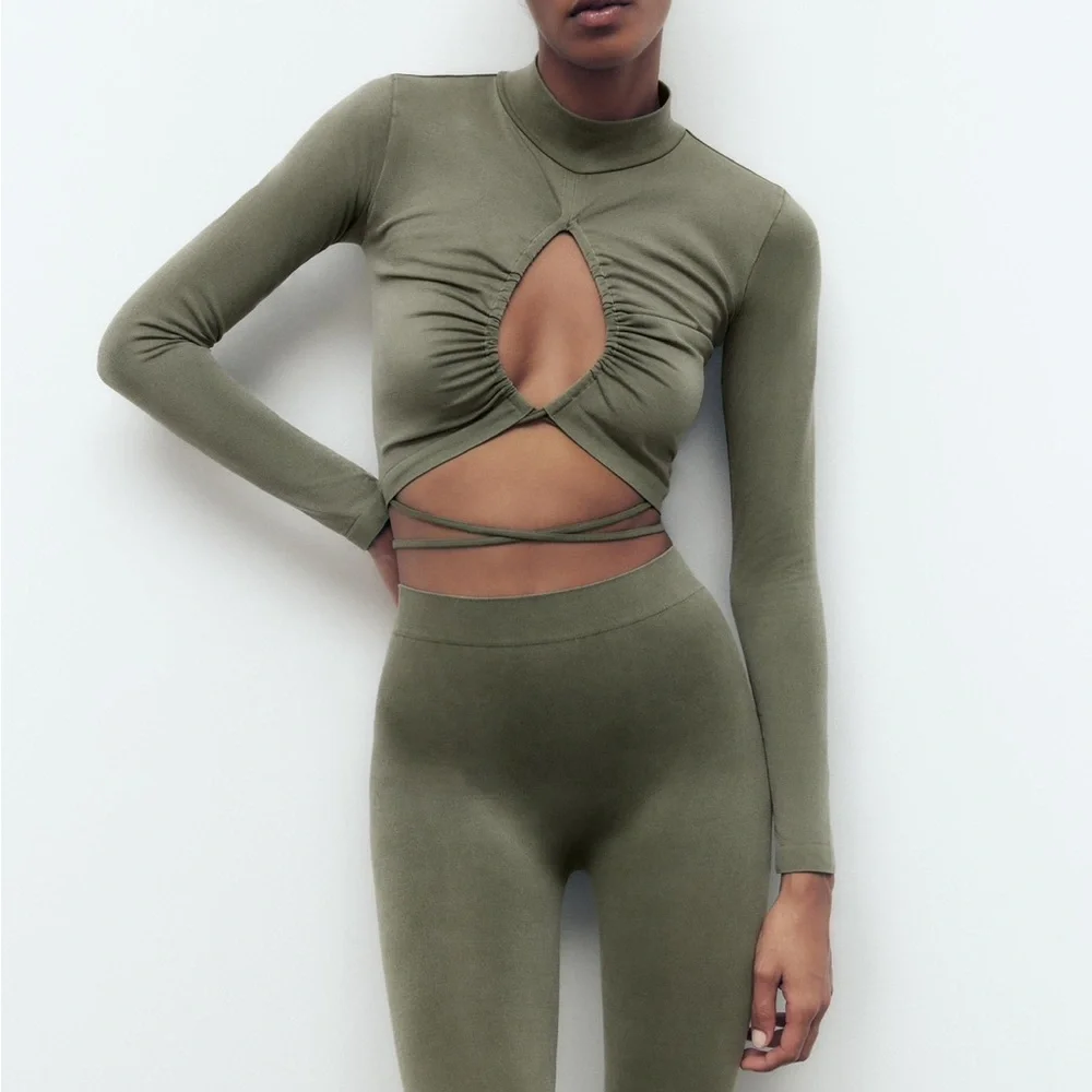 Zara Olive Cutout Cut Out Ruched Crop Top - Picture 2 of 7